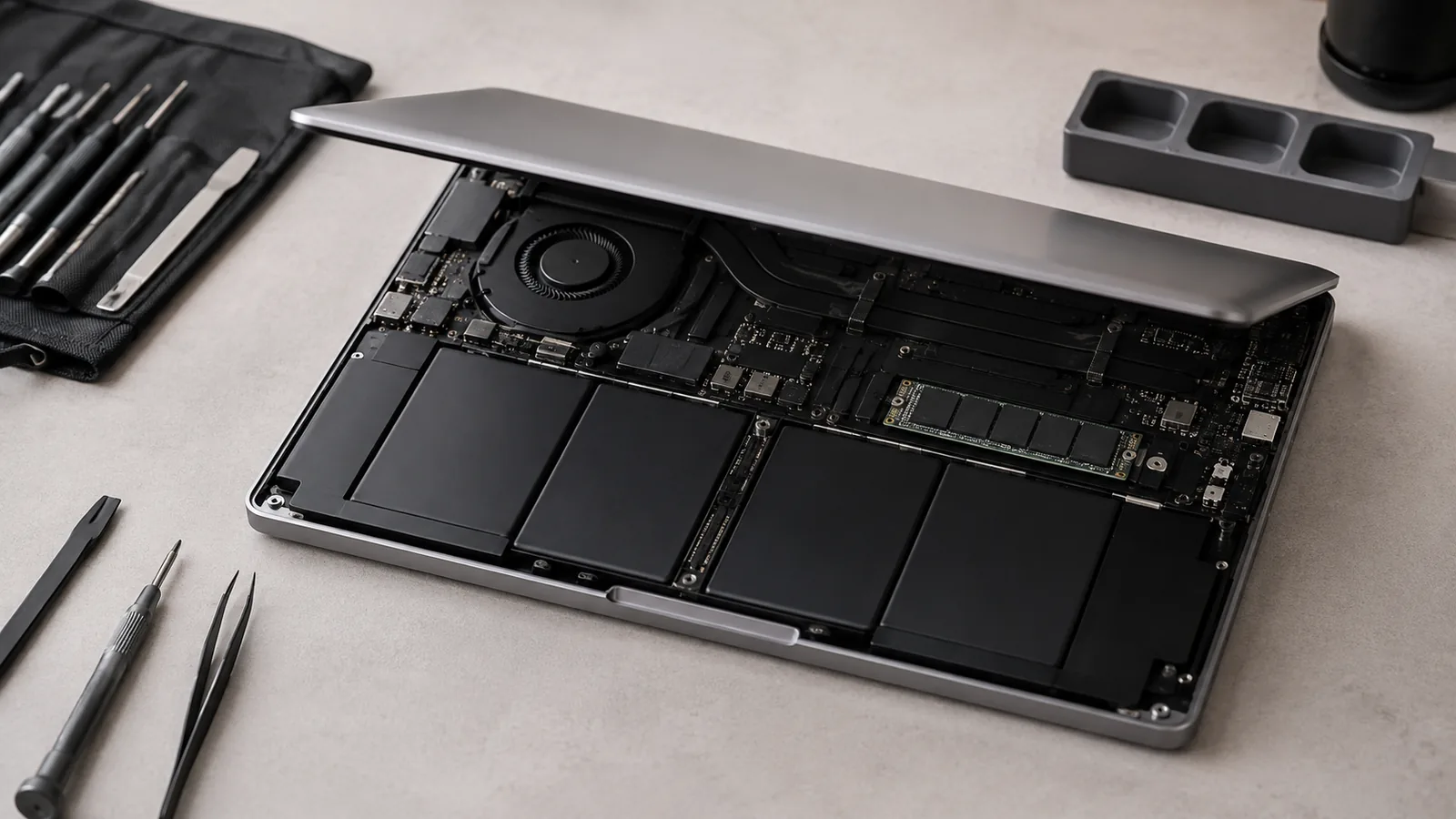 Notebook moderno aperto su un banco da lavoro con batteria e SSD accessibili