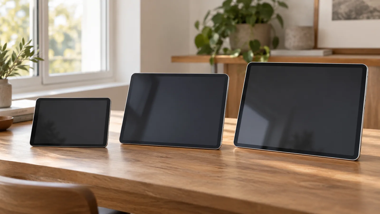 Tre tablet generici di dimensioni diverse su un tavolo, con luce naturale e senza loghi