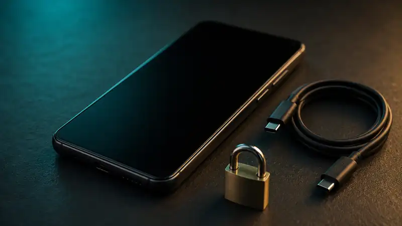 Smartphone con schermo spento accanto a un cavo USB-C e a un piccolo lucchetto metallico su una scrivania scura