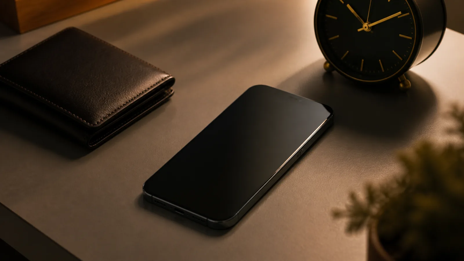 Smartphone premium senza marchi su una scrivania accanto a un portafoglio e a un orologio