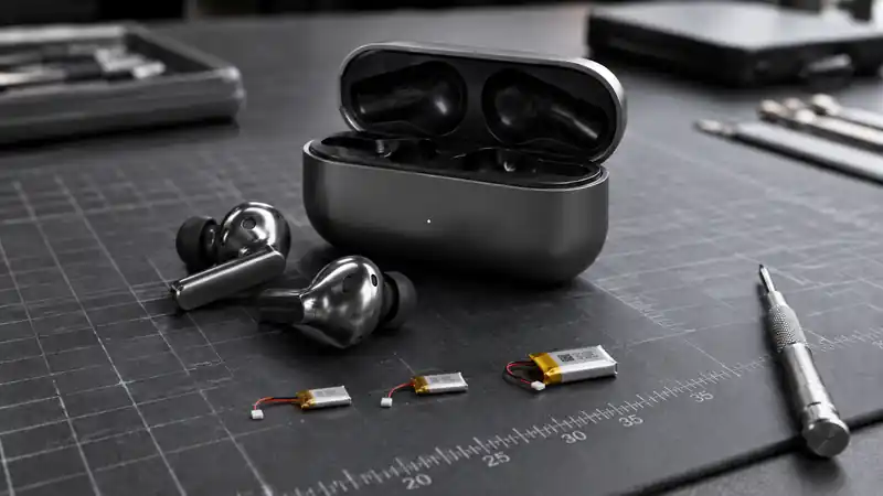 Auricolari true wireless con custodia aperta, batterie sostituibili e cacciavite di precisione