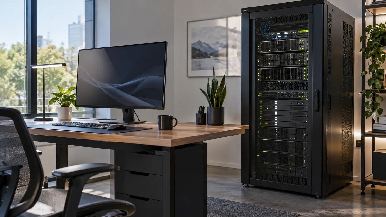 Server e workstation in un ambiente tecnico moderno che rappresentano l’efficienza dell’intelligenza artificiale