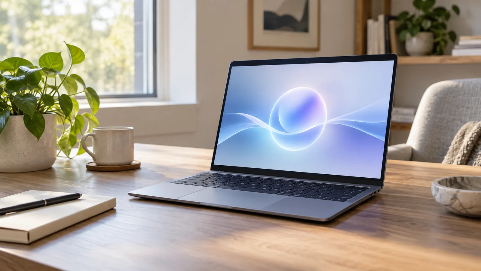 Notebook Windows su una scrivania con assistente AI aperto in una finestra discreta