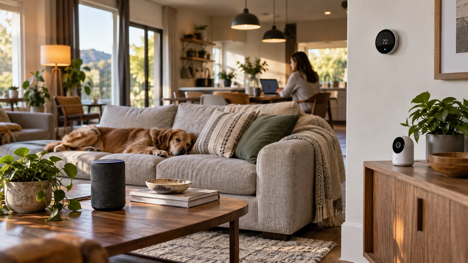 Dispositivi smart home generici collegati in una casa moderna con un computer sullo sfondo