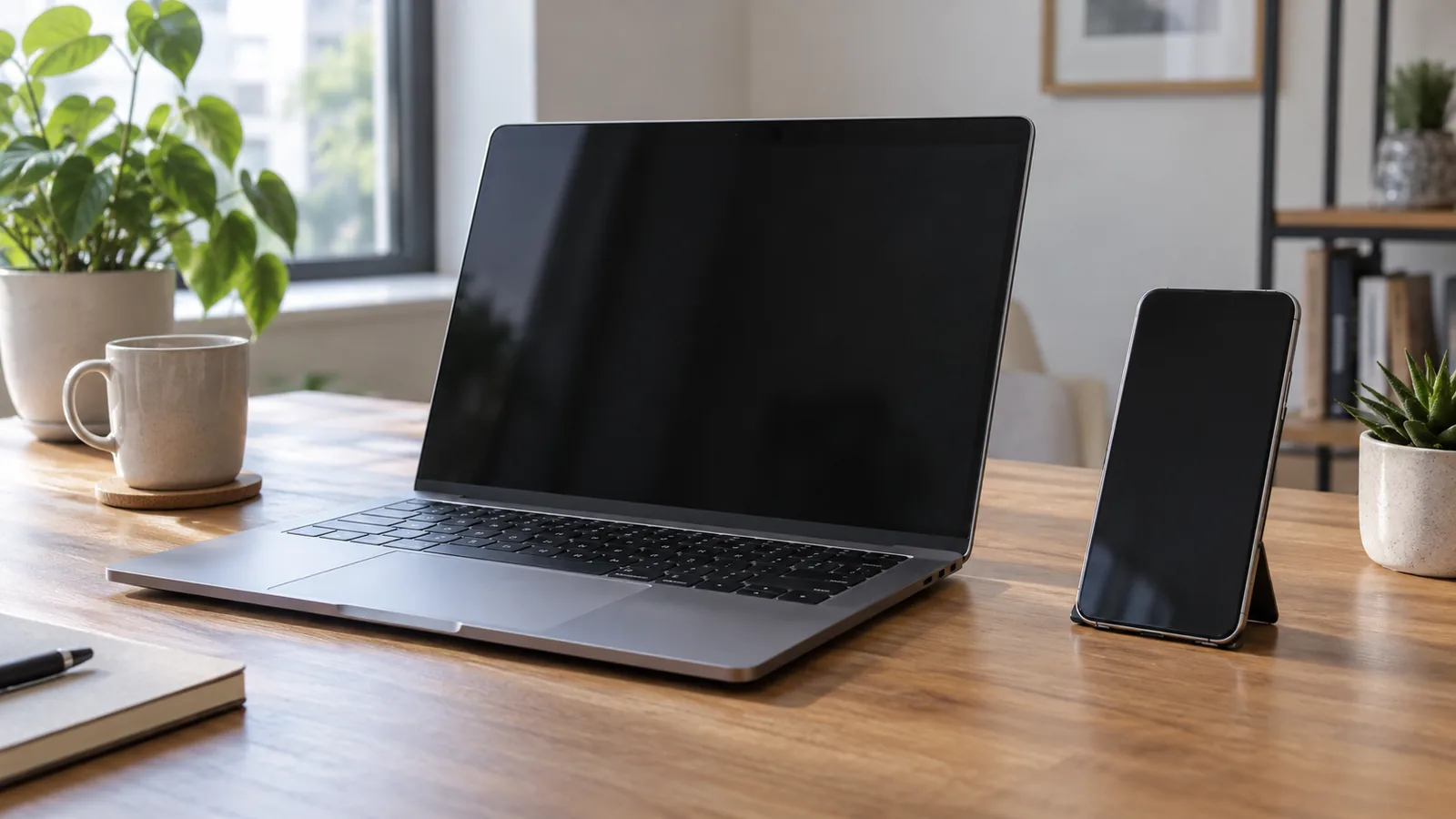 Notebook premium generico accanto a uno smartphone Android su una scrivania moderna