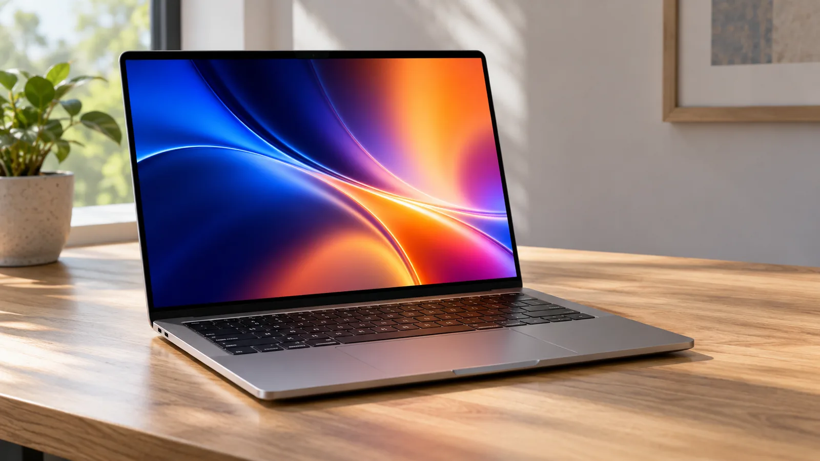 Notebook sottile con display OLED su una scrivania essenziale, visto di tre quarti