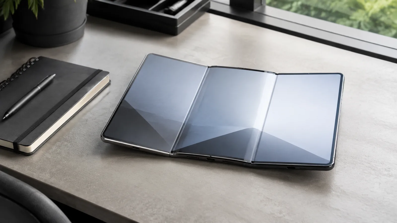 Smartphone tri-fold aperto su una scrivania, mostrato accanto a un taccuino per evidenziarne il formato