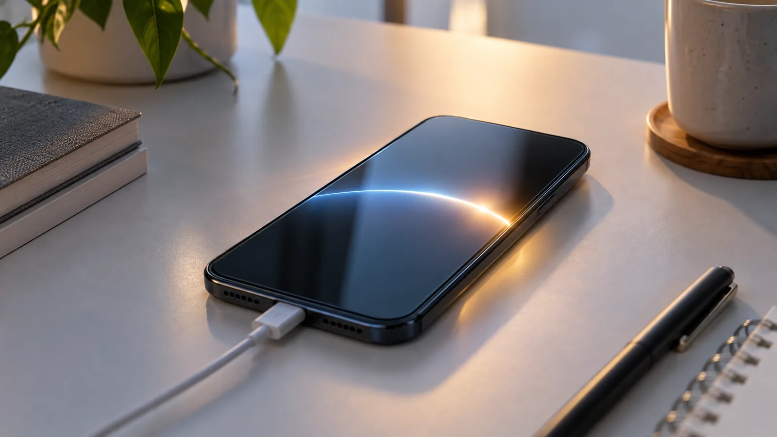 iPhone moderno su una scrivania mentre riceve un aggiornamento software