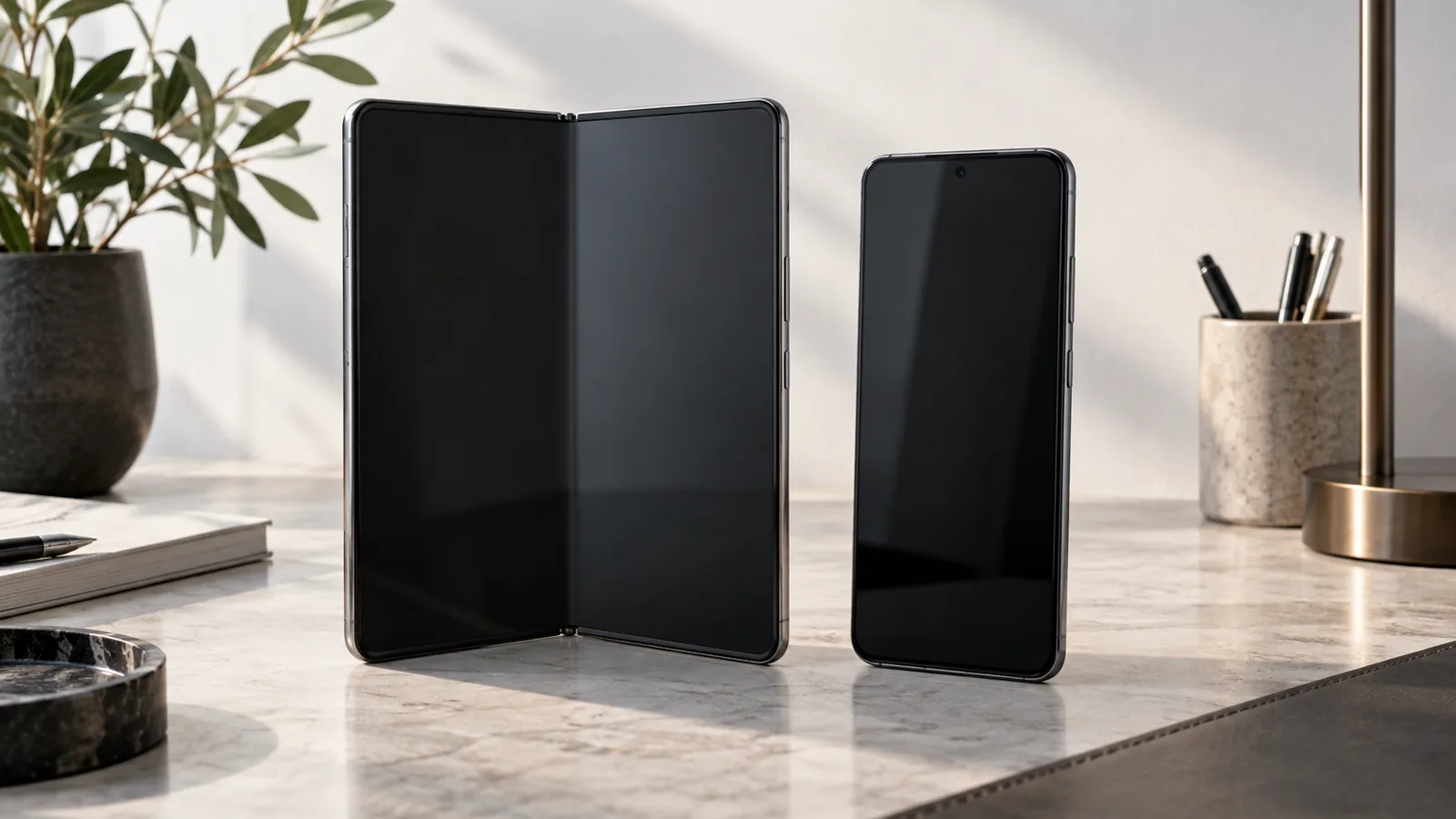 Smartphone pieghevole aperto su una scrivania accanto a un telefono tradizionale