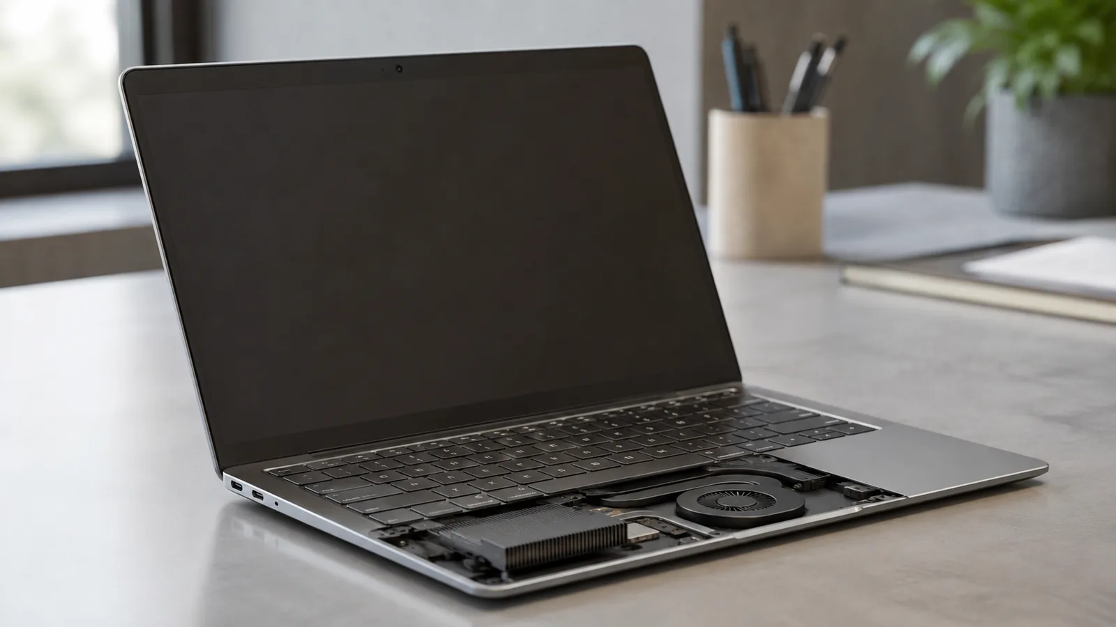 Notebook ultrasottile aperto su una scrivania con dettaglio del sistema di raffreddamento interno