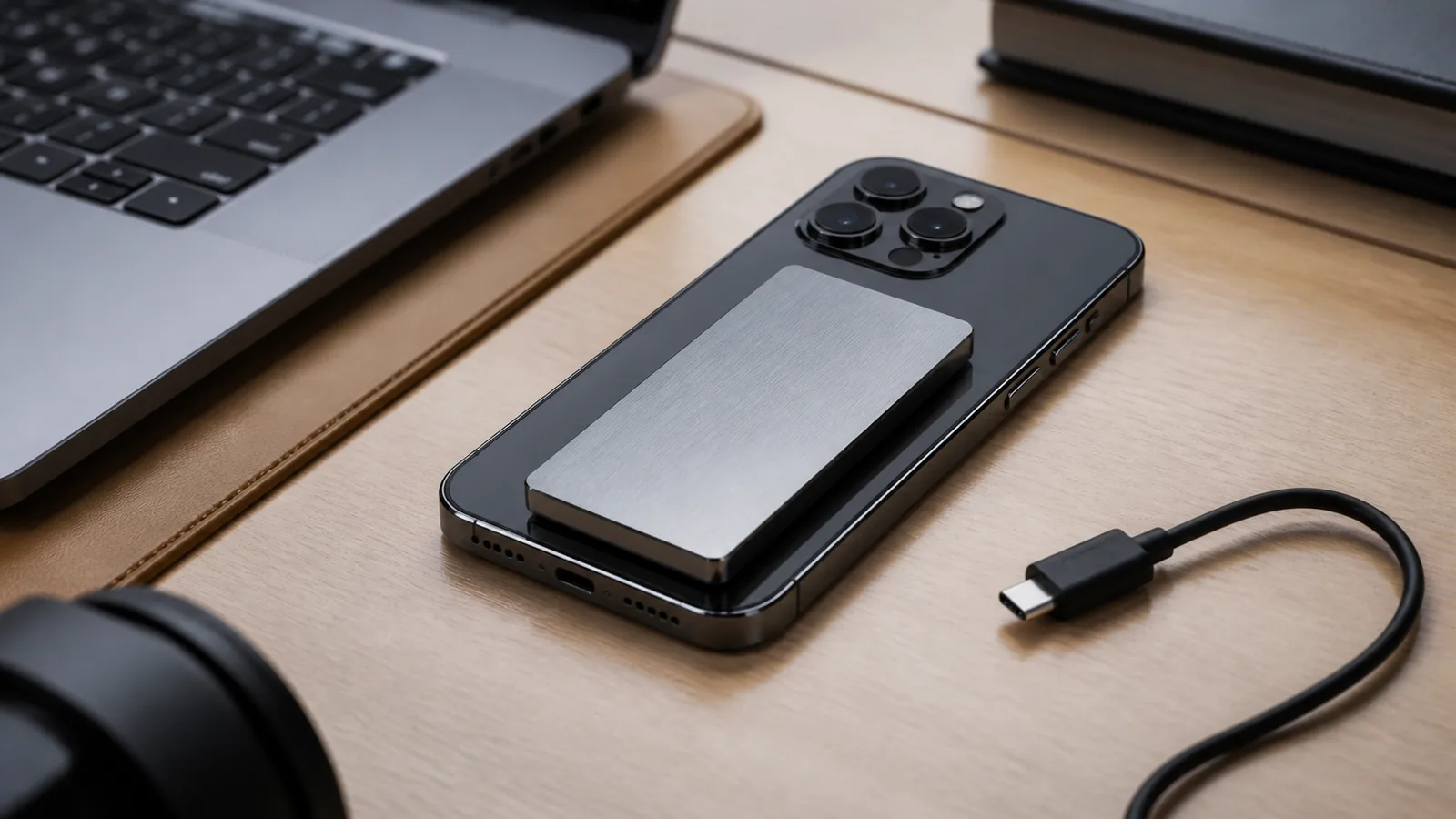 SSD portatile ultrasottile accanto a uno smartphone su una scrivania da creator