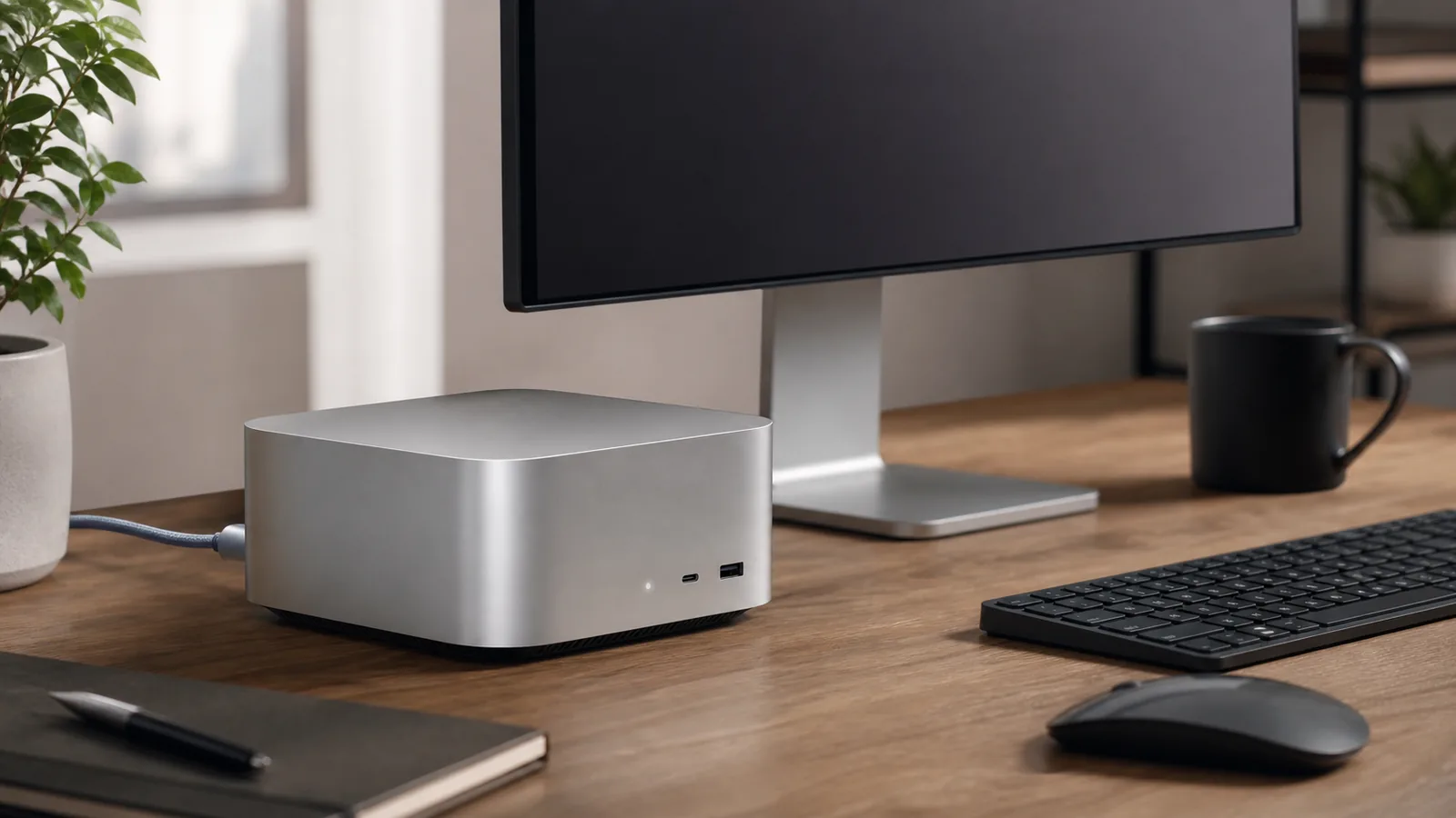 Mini computer desktop compatto su una scrivania moderna accanto a monitor e periferiche