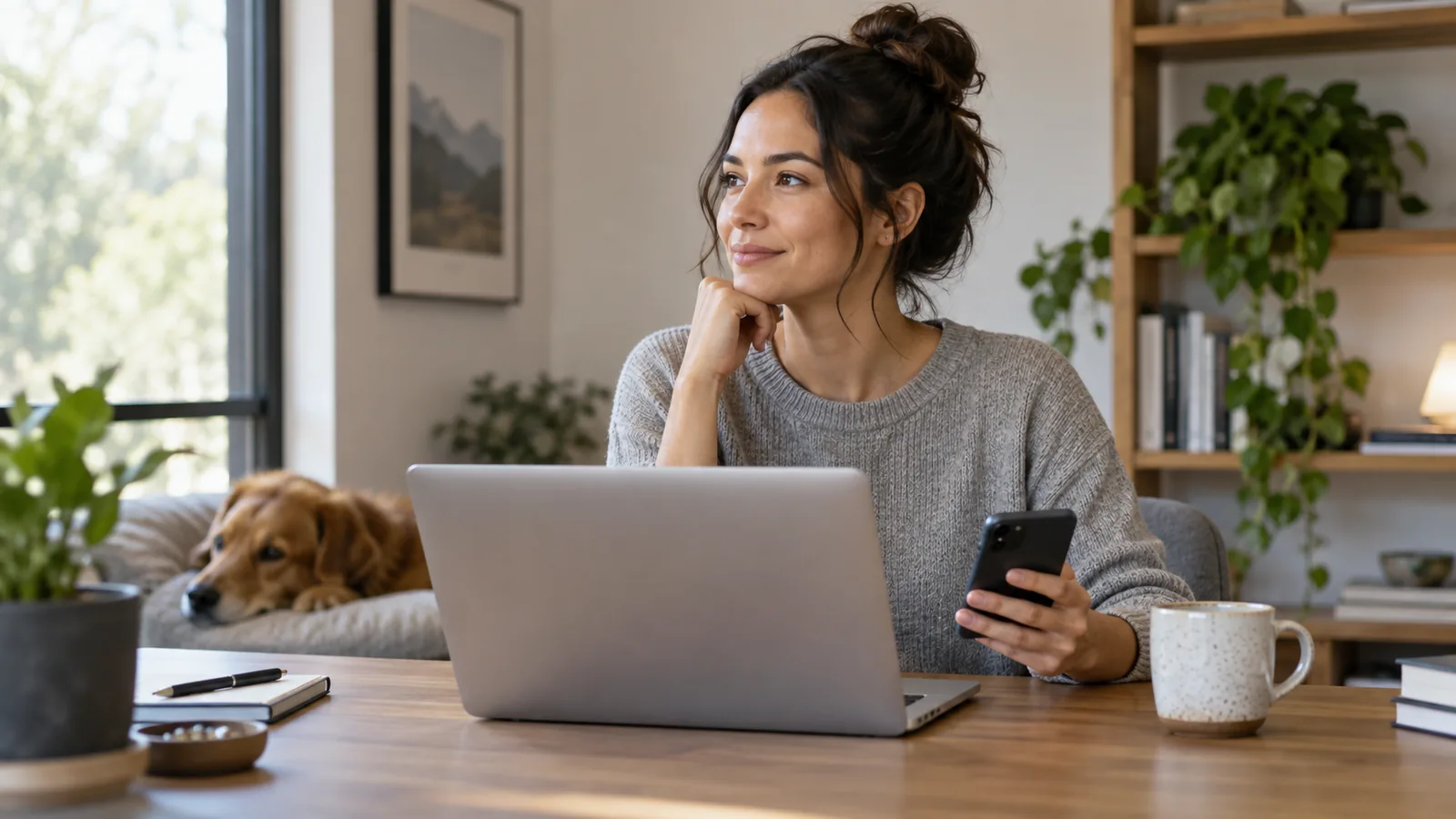 Persona davanti a laptop e smartphone mentre un assistente digitale gestisce attività online