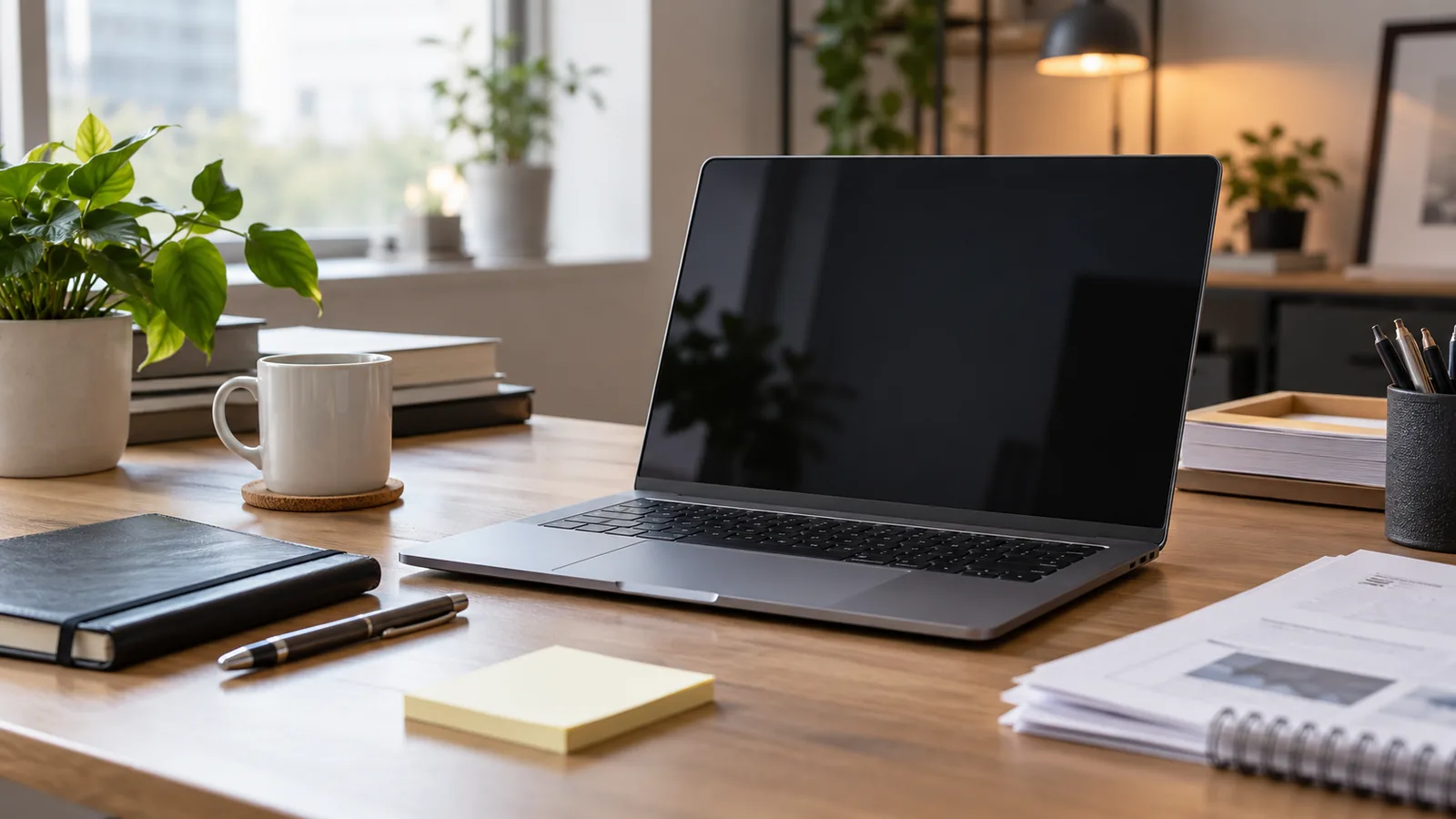 Computer portatile su una scrivania con attività digitali in corso sullo sfondo