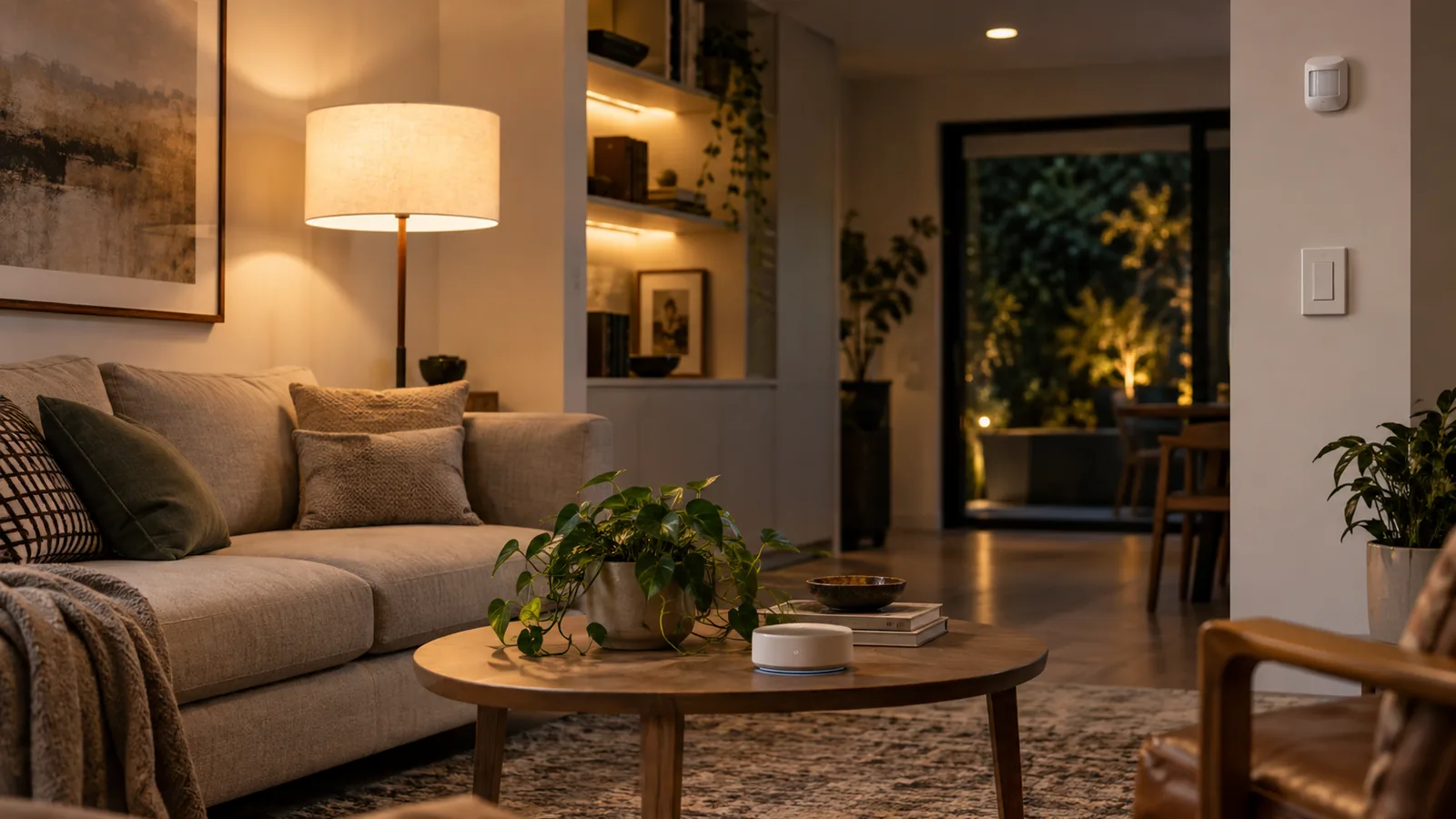 Lampade smart e sensori domestici controllati da un hub su una scrivania ordinata