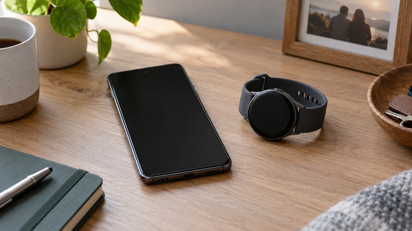 Smartphone Android su una scrivania accanto a uno smartwatch, in una scena quotidiana dedicata a sicurezza e comunicazioni