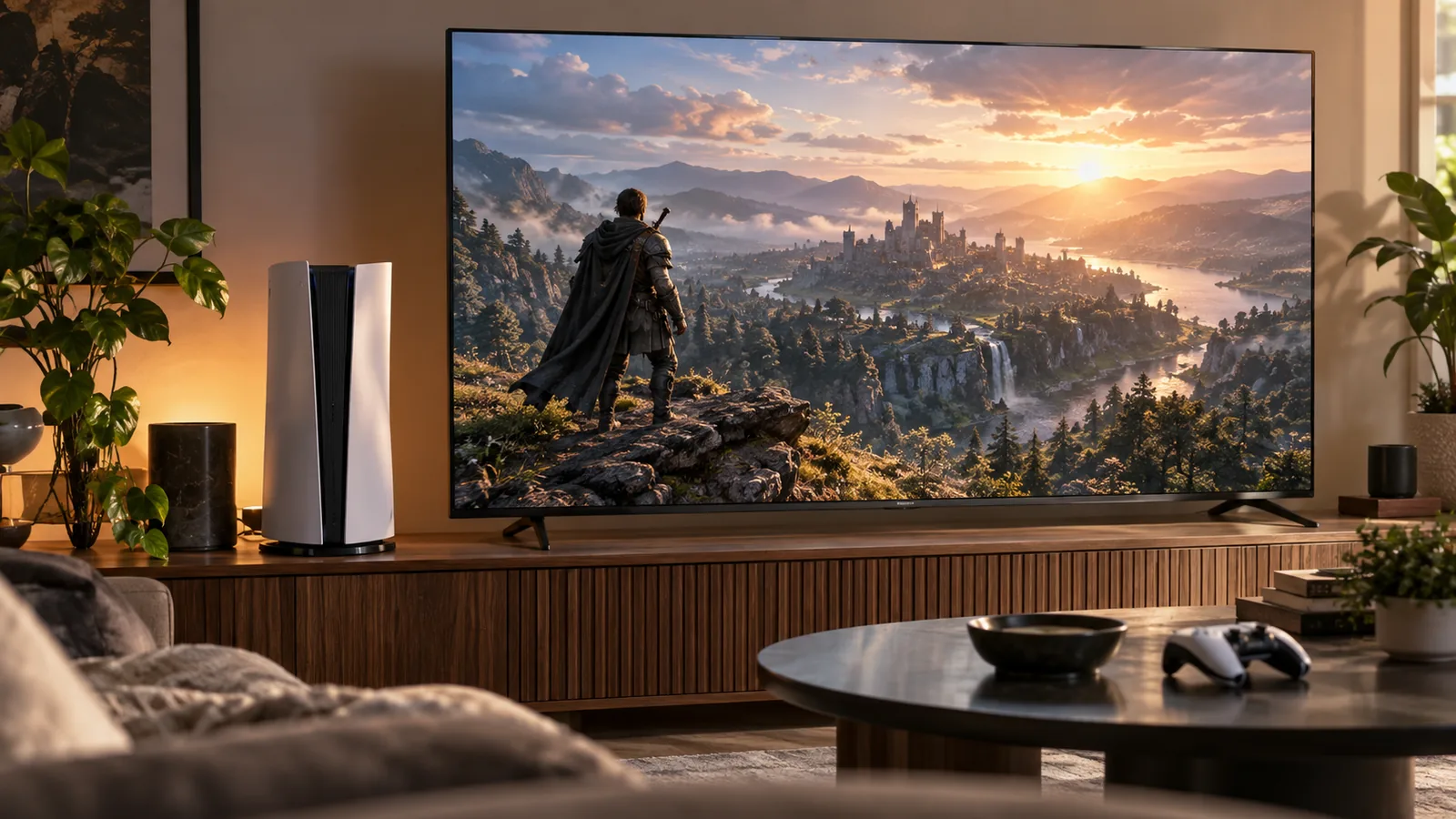 Console da gioco moderna accanto a un televisore con una scena videoludica dettagliata
