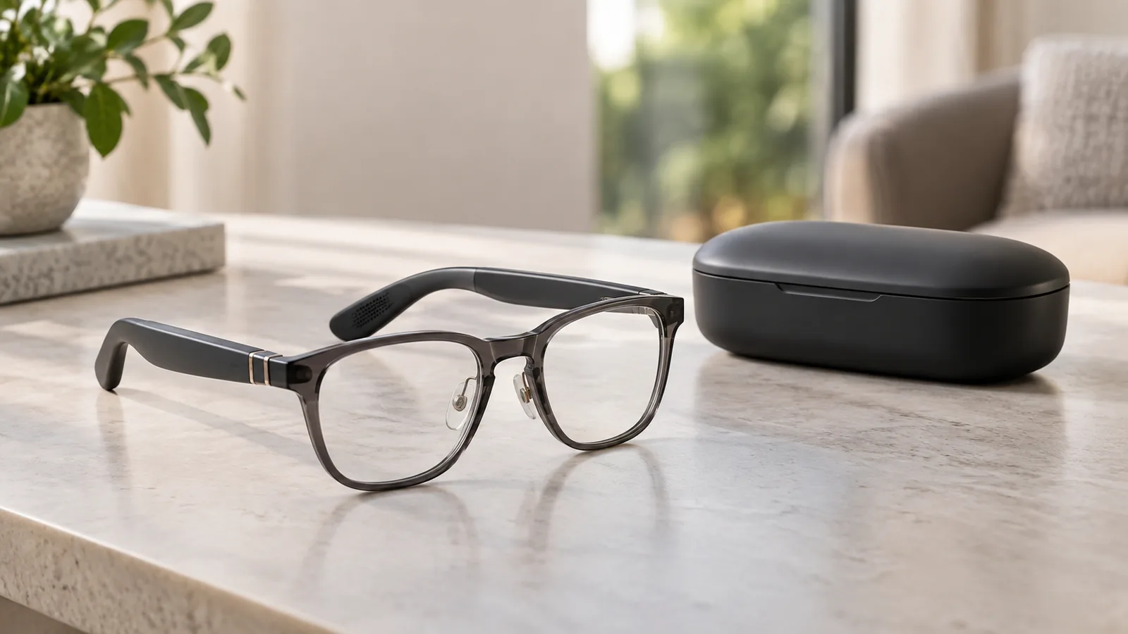 Occhiali smart senza fotocamera appoggiati su un tavolo accanto a una custodia di ricarica