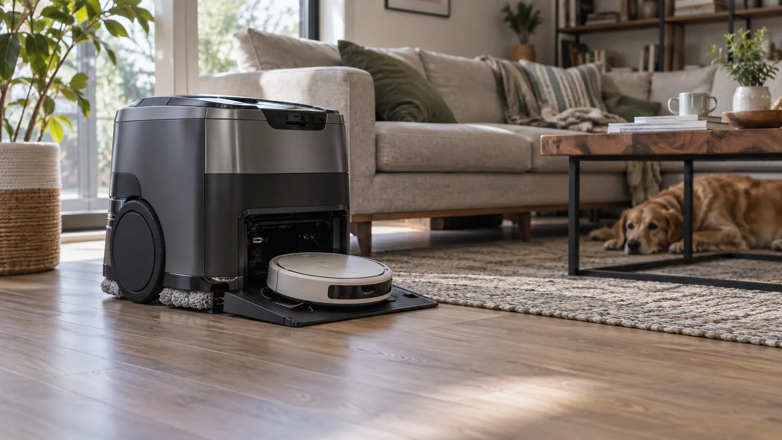 Due robot lavapavimenti coordinati, uno grande e uno compatto, in un soggiorno moderno