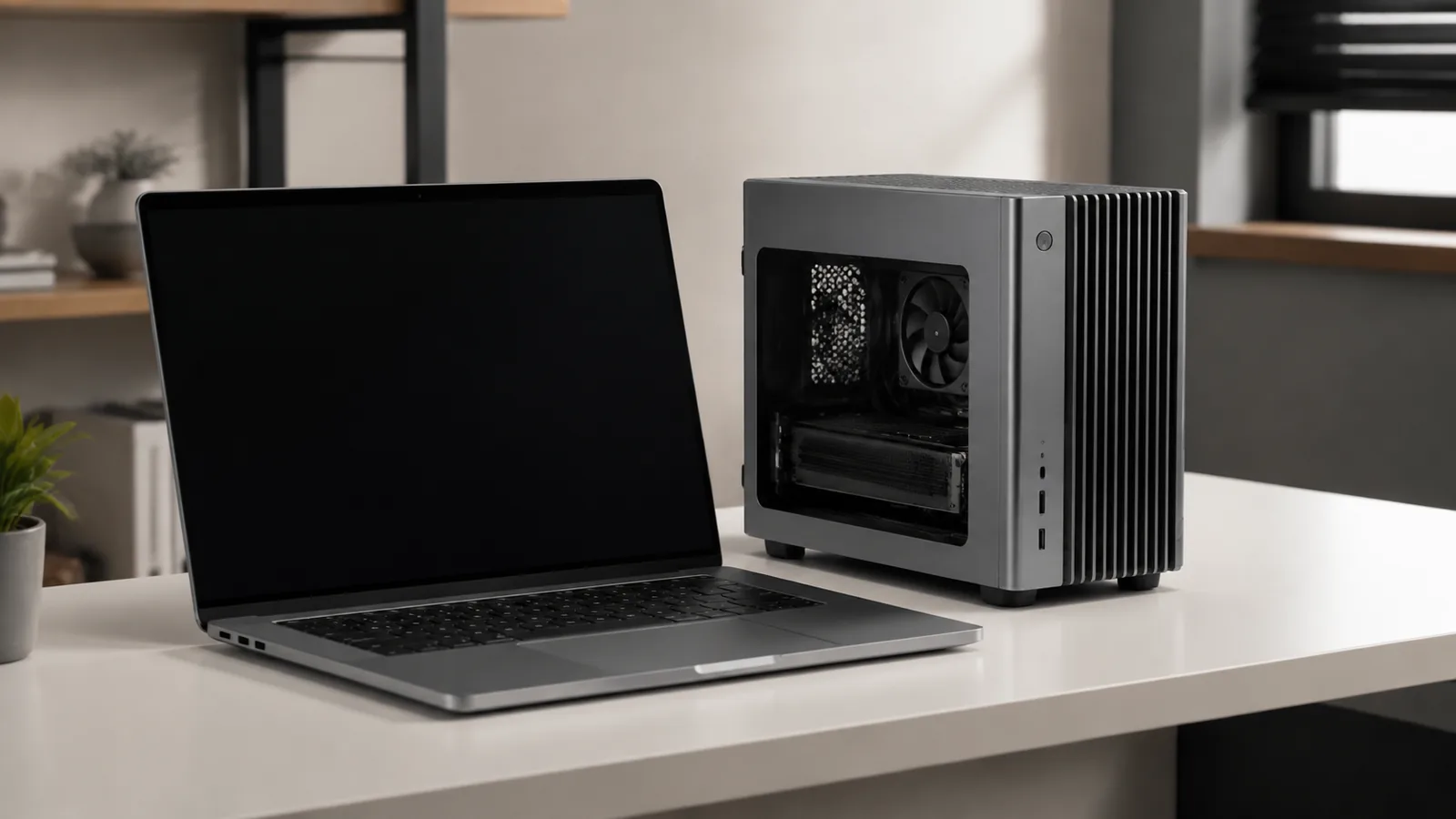 Mini PC e notebook ad alte prestazioni su una scrivania dedicata allo sviluppo di intelligenza artificiale locale