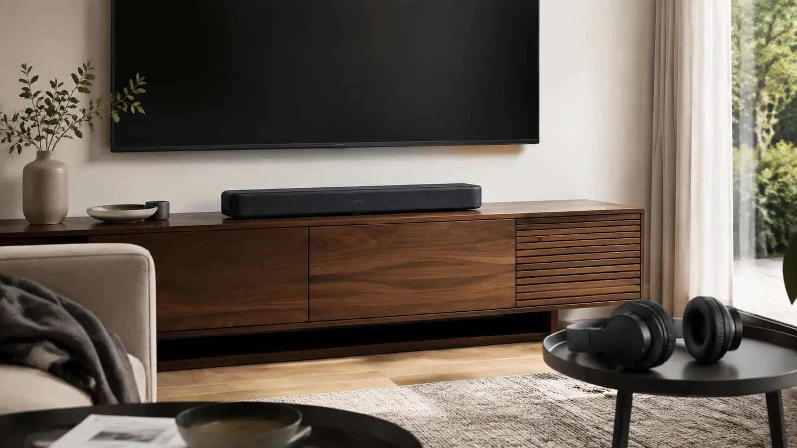 Soundbar compatta e cuffie over-ear premium disposte in un soggiorno moderno