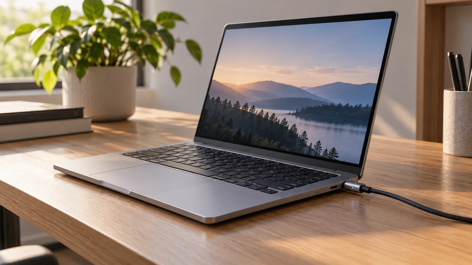 Primo piano della porta USB-C di un portatile con un cavo di ricarica magnetico collegato
