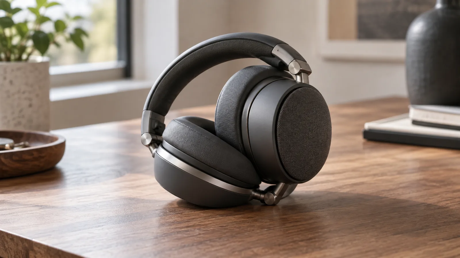 Cuffie wireless pieghevoli con padiglioni e diffusori esterni su un tavolo