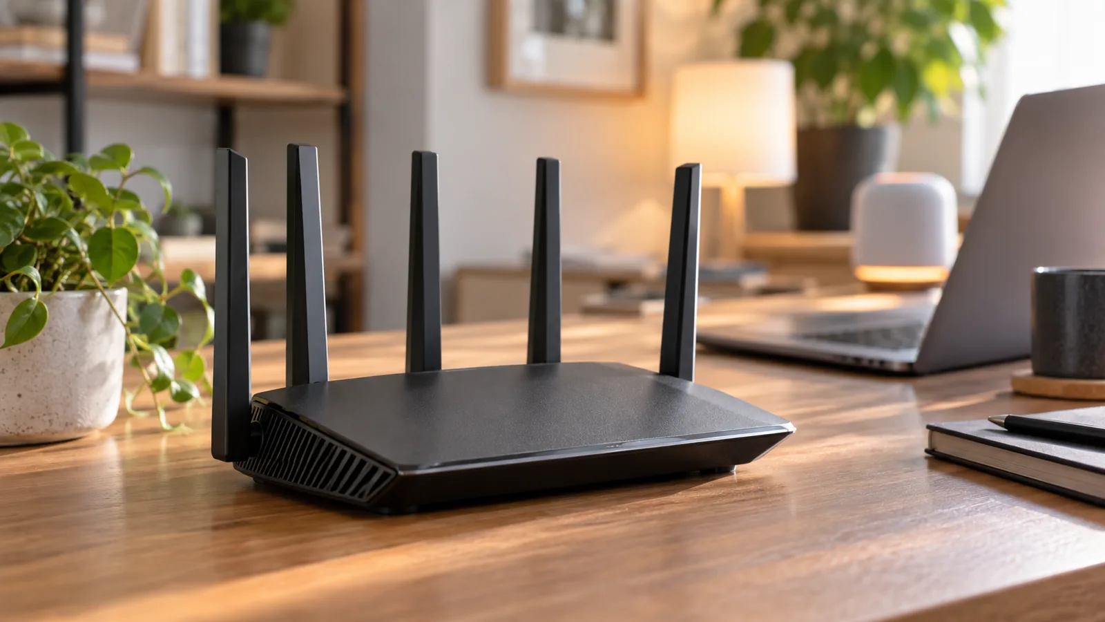 Router wireless moderno su una scrivania, con dispositivi domestici sullo sfondo