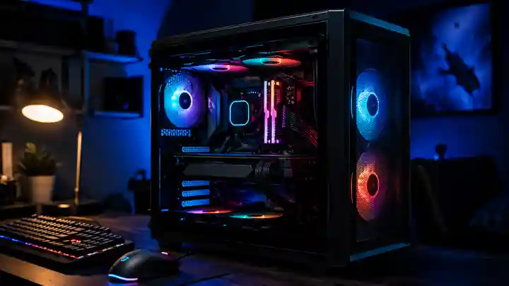 PC gaming RGB con componenti illuminati su una scrivania scura